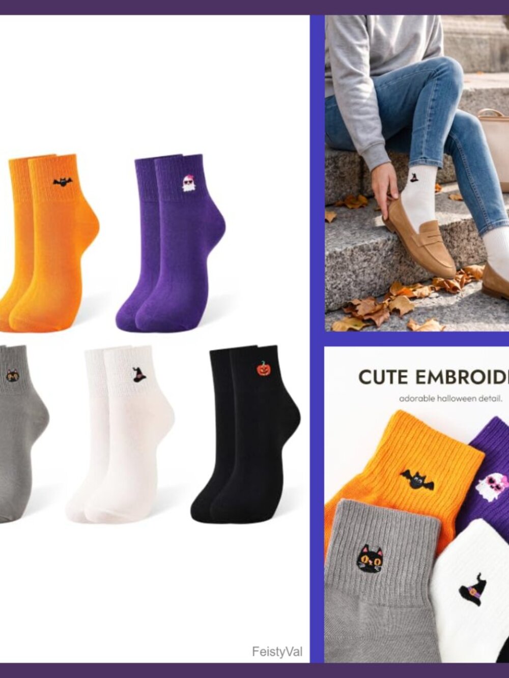 5 Pack Halloween Crew Socks Cotton Blend Embroidered Women's Fall Gift